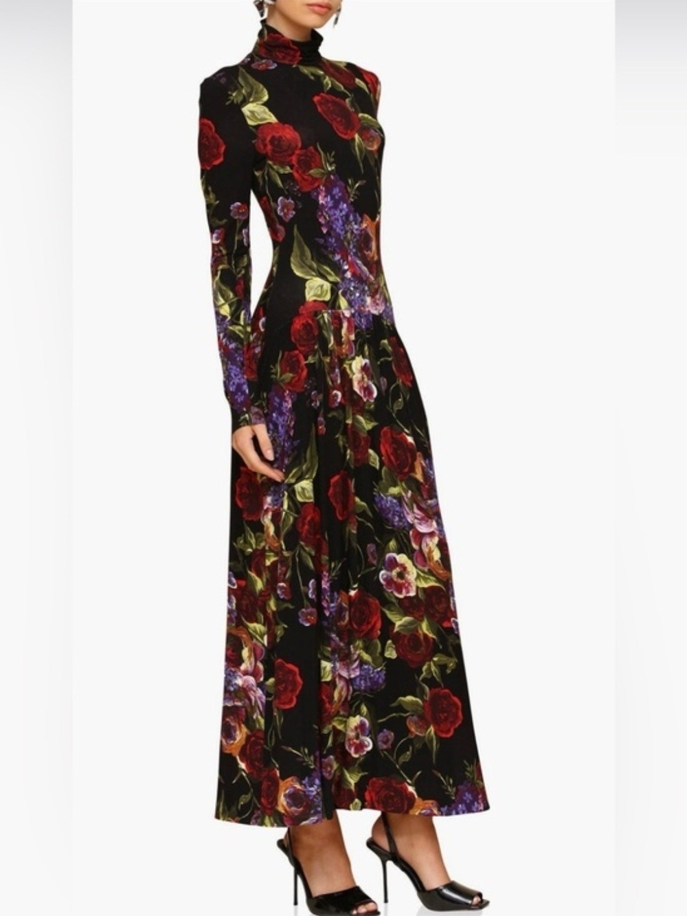 Floral Turtleneck Long Sleeve Maxi Dress - Black with Red & Purple Flowers